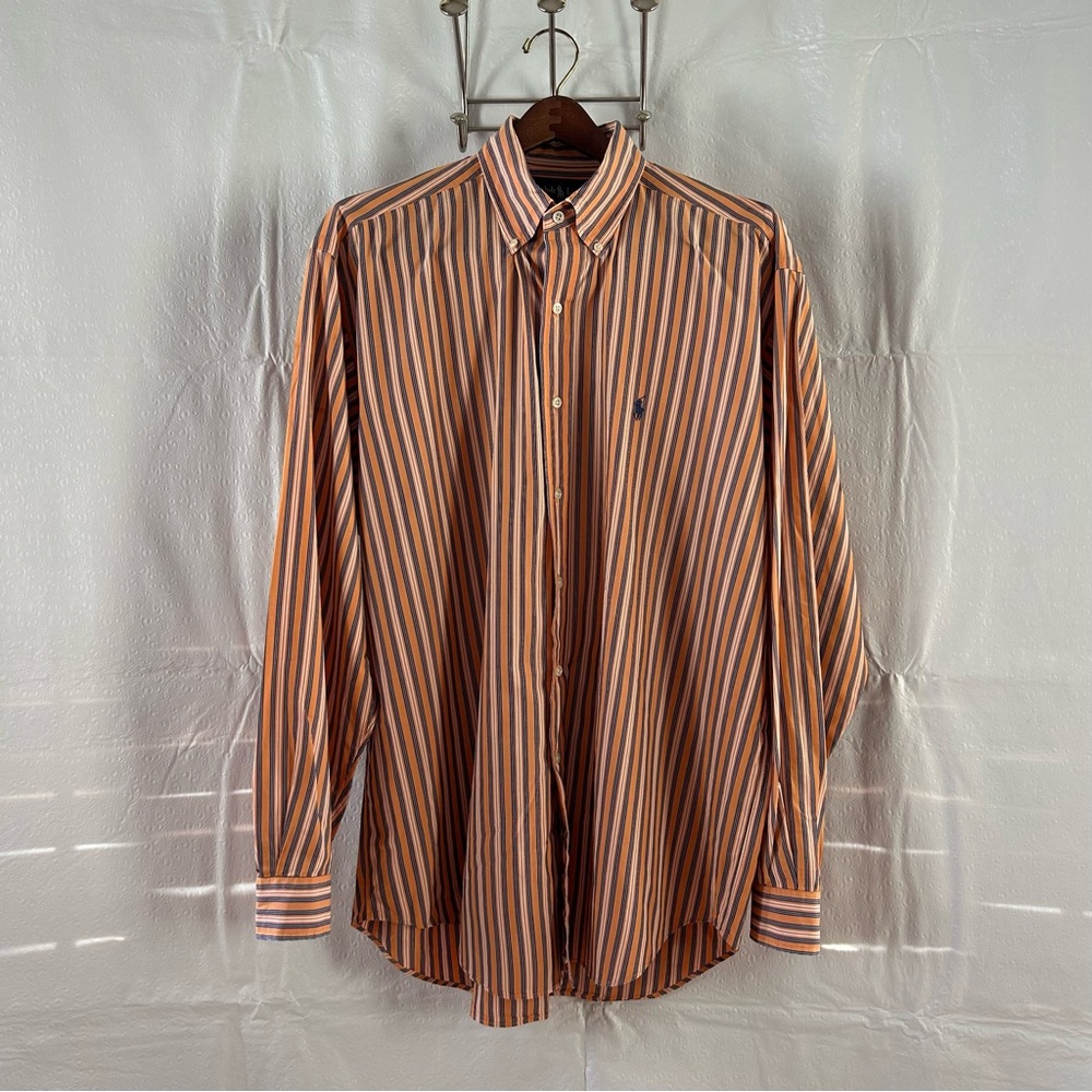Mens Polo Ralph Lauren Shirt OrangeBlue Stripe LongSleeve Collar ButtonDown Sz L